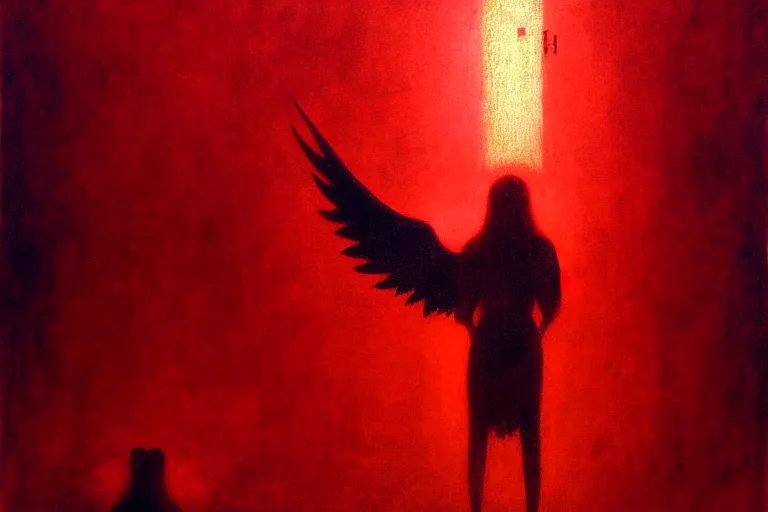 Prompt: only with red, a red angel announce the win, at the gates of a rich renaissance city, pathos, in the style of beksinski, part by hopper, part by rodcenko, part by hofbauer, intricate composition, red by caravaggio, insanely quality, highly detailed, masterpiece, red light, artstation