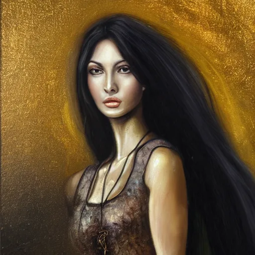 Image similar to beautiful gorgeous pristine spanish Goddess of life with a veil, dark Goddess of artificial intelligence creating an artificial neural network with gold synapses on an anvil with her scythe, high resolution, award winning art, trending on art station, sharp image, incredibly detailed, detailed character, realistic painting, hyper-realistic painting, coherent painting, master piece by ramon y cajal