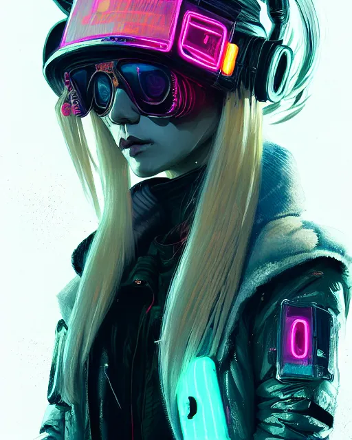 Prompt: detailed portrait neon operator lady, long blonde hair, cyberpunk futuristic, neon, reflective puffy coat, decorated with traditional japanese by ismail inceoglu dragan bibin hans thoma greg rutkowski alexandros pyromallis nekro rene margitte, illustrated, perfect face, fine details, realistic shaded, fine - face, pretty face
