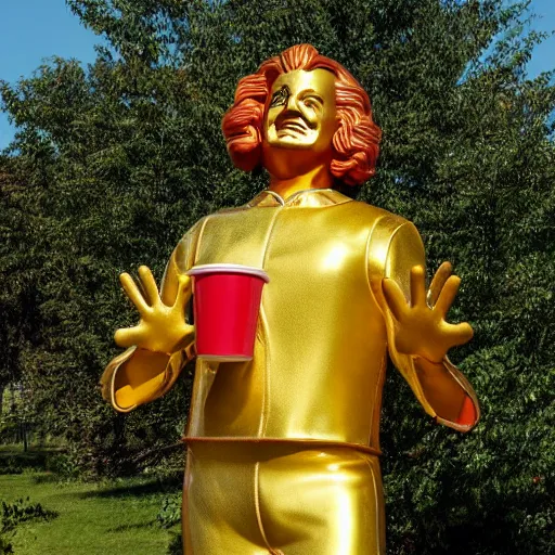 Prompt: A golden statue of Ronald McDonald