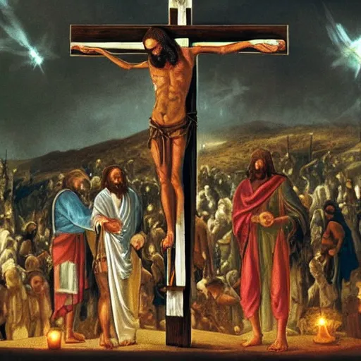 Prompt: stunningly powerful depiction showing the body of Jesus being removed from the cross after his crucifixion，by patrick woodroffe, reimagined by industrial light and magic !dream