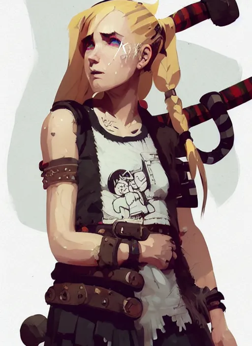 Image similar to highly detailed closeup portrait of a sewer punk swedish female barbarian student, tartan garment, blonde hair pigtails with headband by atey ghailan, by greg rutkowski, by greg tocchini, by james gilleard, by joe fenton, by kaethe butcher, gradient sapphire, black, brown and white color scheme, grunge aesthetic!!! white graffiti tag wall background