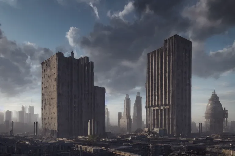 Image similar to streetscape, a towering cathedral of brutalist architecture, buildings covered with greebles, stunning volumetric light, sunset, metal, concrete and translucent material, stunning skies, majestic landscape, trending on Artstation, 8k, photorealistic, hyper detailed, unreal engine 5, IMAX quality, cinematic, epic lighting, in the style of Greg Rutkowski