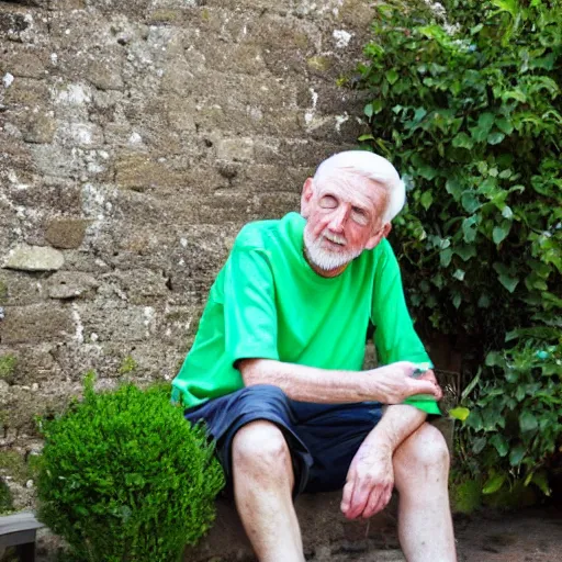 Image similar to mid white hair old man with green shirt and white short, sitting in ile de re house garden