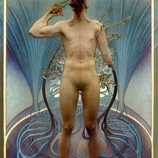 Prompt: an average man with his briefcase in his left hand by Jean Delville, Amano and Yves Tanguy and Alphonse Mucha and Ernst Haeckel and Edward Robert Hughes and Roger Dean, pale muted pastel moody colors, gold eyes