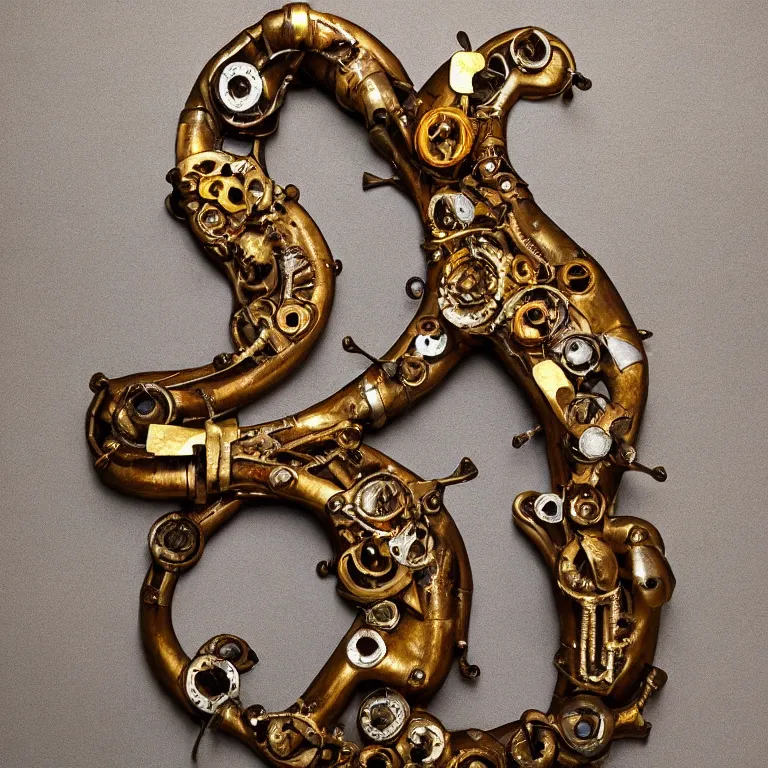 Image similar to studio photograph of biomechanical sculpture of the letter a made out of polished bronze and jewels, beautiful trending on artstation 8 k