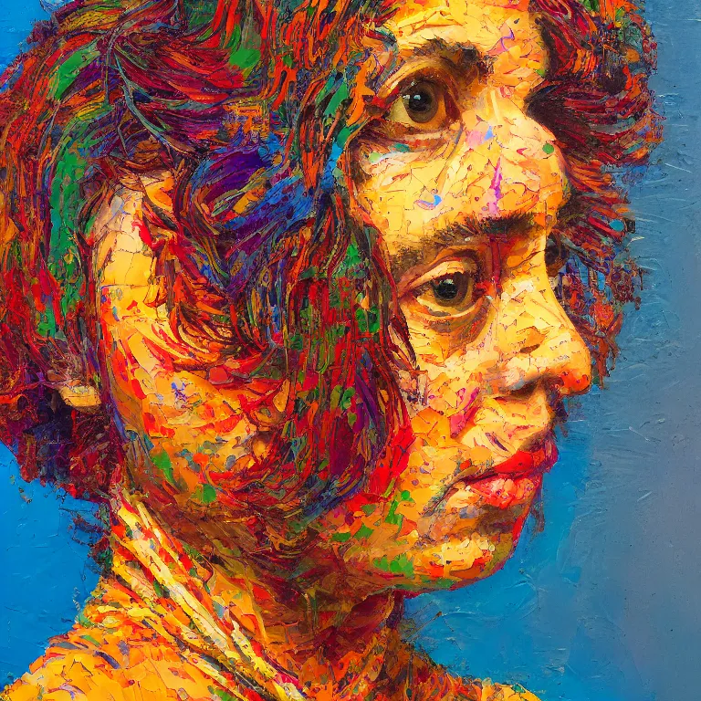 Prompt: close up studio portrait of lovely hippy chick symmetrical face with her hair in a patterned bandana in 1972, impasto heavy brushstrokes oil painting by Norman Rockwell and Tim Hawkinson and Cy Twombly, Intense colors trending on artstation dramatic lighting Expressionism