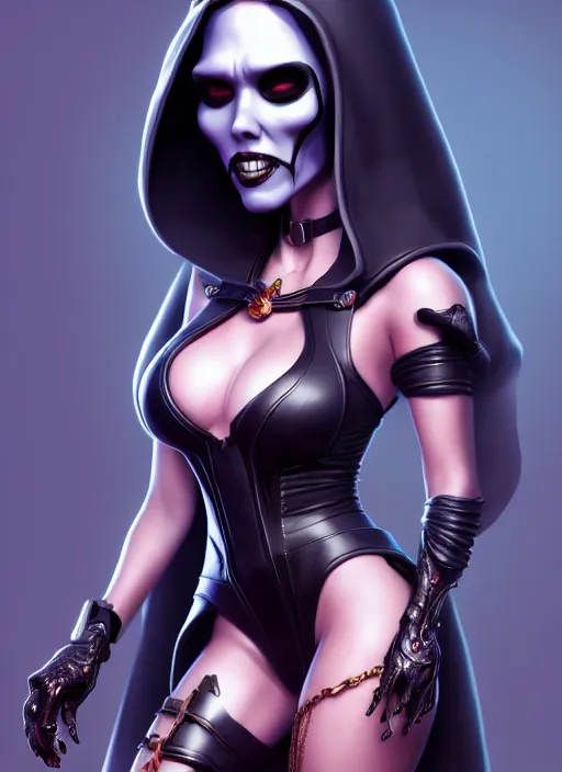 Image similar to Jessica Alba as Lady Death from coffin comics in the style of Dreamworks Animation Studios, CGIsociety, au naturel, hyper detailed, digital art, trending in artstation, cinematic lighting, studio quality, smooth render, unreal engine 5 rendered, octane rendered