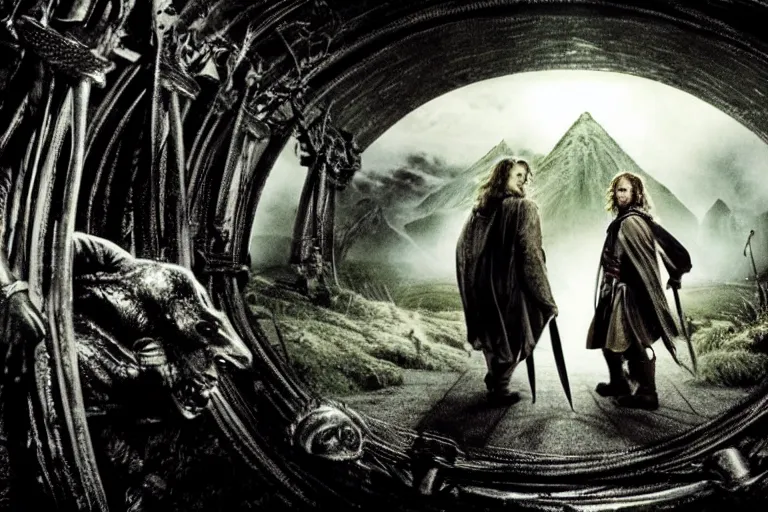 Prompt: movie still from the lord of the rings directed by ridley scott in the style of h. r. giger, frodo and sam leave the shire, dark landscape, cinematic, cinemascope