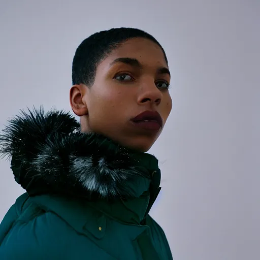 Image similar to realistic photoshooting for a new raf simons lookbook, color film photography, close up, model is wearing a puffer jacket, photo of a woman, photo in style of tyler mitchell, 3 5 mm