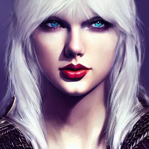 Image similar to an epic portrait of taylor swift as a witcher, witcher design, beautiful face, detailed face, white hair, epic fantasy art, trending on artstation, deviantart, high detail, high definiton, ultra realistic, high quality, ultra quality, hyper realistic, 4 k uhd,