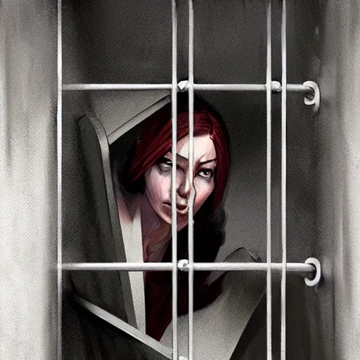 Prompt: a slim stylized prisoner peeking through prison bars, elegant, digital painting, concept art, very stylized, smooth, sharp focus, illustration, dark, by Ruan Jia and Mandy Jurgens and Artgerm and William-Adolphe Bouguerea