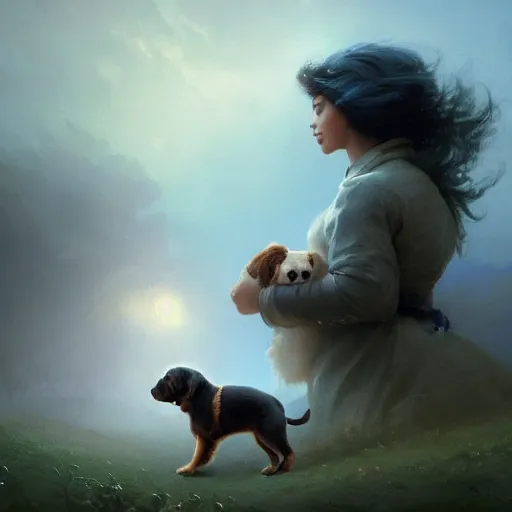 Image similar to cinematic shot epic portrait an female traveller pets a puppy near a village, sunny, cute, fluffy, broad light, ambient occlusion, volumetric light effect, made by ivan aivazovsky, peter mohrbacher, greg rutkowski, matte painting, trending on artstation, 4 k, perfectly defined features, digital painting, cinematic, epic, highly detailed,