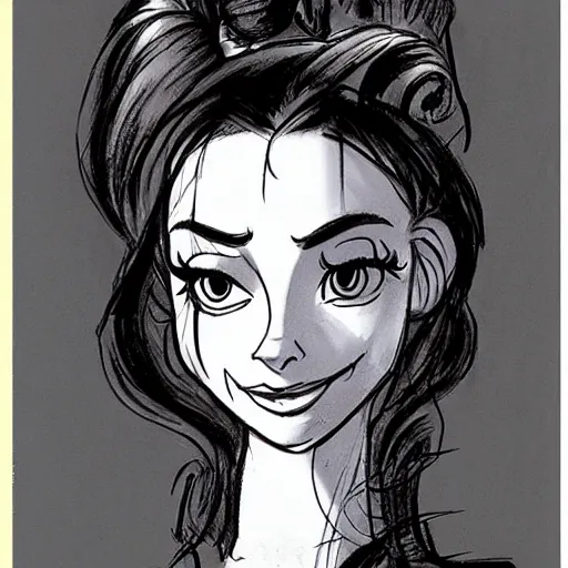 Image similar to milt kahl sketch of vanessa hudgeons with done up hair, tendrils covering face and ponytail as princess padme from star wars episode 3