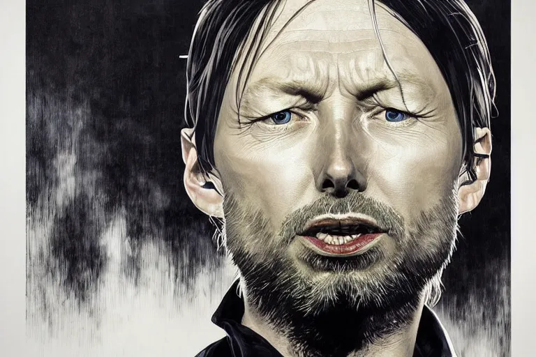 Image similar to hyper realistic portrait of wider face thom yorke on stage, by lee bermejo, alphonse mucha and greg rutkowski