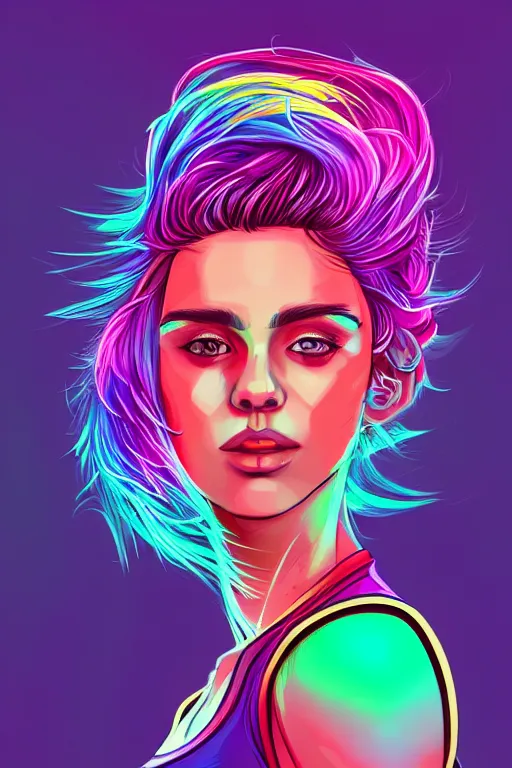 Image similar to a award winning half body portrait of a beautiful woman with stunning eyes in a croptop and cargo pants with rainbow colored ombre hairstyle head in motion and hair flying by josan gonzales, neon outlines, outrun, vaporware, shaded flat illustration, digital art, trending on artstation, highly detailed, fine detail, intricate