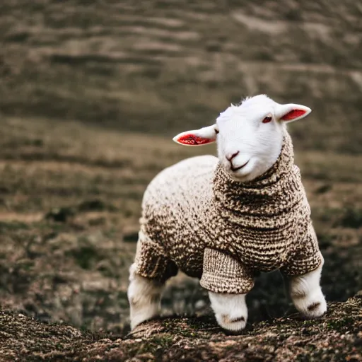 Image similar to lamb wearing a sweater, upper body shot, hyper detailed, canon eos r 3, f / 1. 4, iso 2 0 0, 1 / 1 6 0 s, 8 k, raw, unedited, symmetrical balance, in - frame