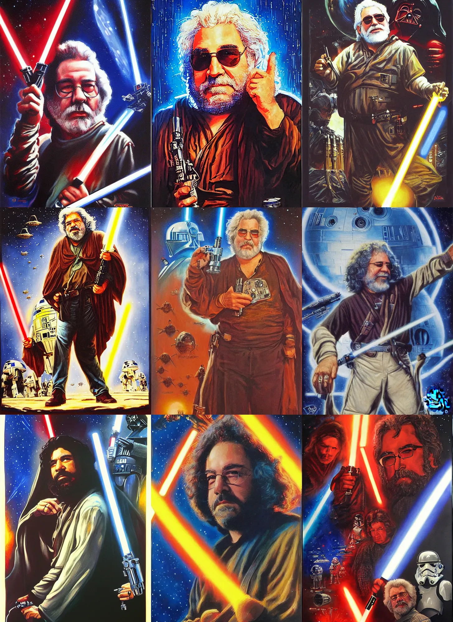 Prompt: jerry garcia on a star wars poster by drew struzan, painting, film grain