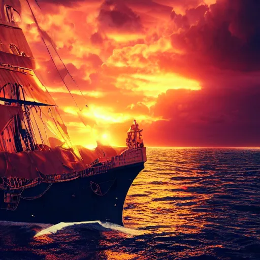 Image similar to portrait of a ship on the sea, close over the shoulder on the ship is a medieval woman ship pilot from behind , dramatic golden neon sunset with wall of storm clouds, wearing shiny breastplate, octane render, dynamic lighting, hyperrealistic, artstation