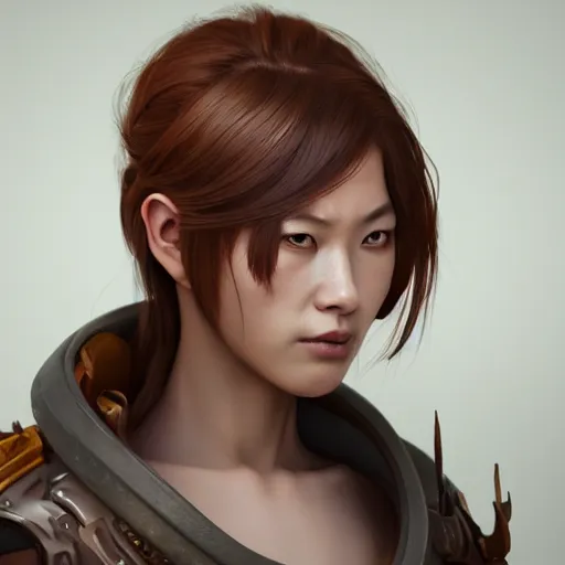 Image similar to a beautiful woman warrior, by sangsoo jeong, by siwoo kim, grim expression, unreal engine, octane rendering, 8 k, closeup headshot, smooth, trending on artstation, digital illustration, brown hair