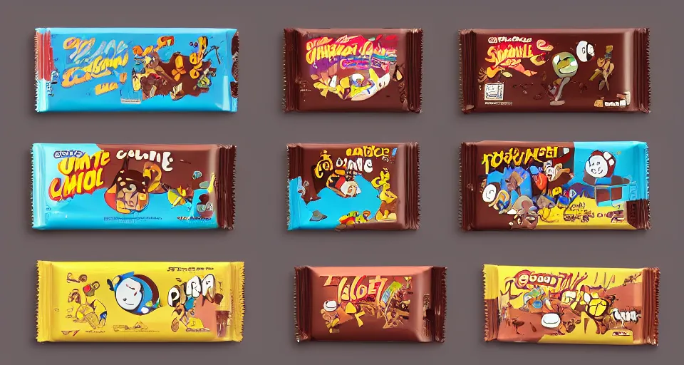 Image similar to cartoon chocolate bars sitting on toilets, in the style of adventure time, the amazing world of gumball, pixar, toki doki, greg rutkowski and makoto shinkai, trending on artstation