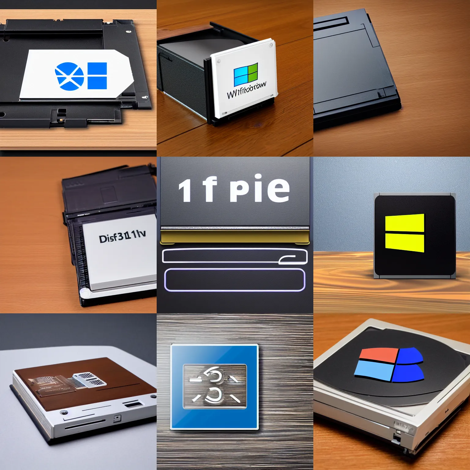 Prompt: 3.5 inch floppy diskette with Windows 11 logo on it's label, wooden table, photorealistic