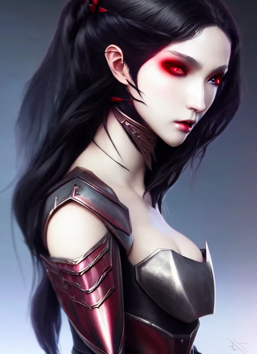 Image similar to full plate armor!!! beautiful and elegant dark hair female vampire!! gorgeous ayes!! character concept art, sharp focus, octane render! unreal engine 5! highly rendered!! trending on artstation!! detailed linework!! illustration by artgerm, wlop, and chie yoshii