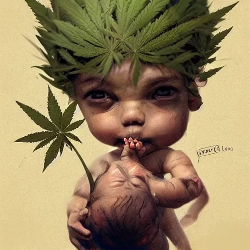 Image similar to a cute little baby made of hemp, with a head in the form of a cannabis bloom, like baby grut, green skin, character, art by james jean and greg rutkowski!!, realistic face, digital art, chibi style, golden ratio, perfect composition, trending on artstation, 8 k