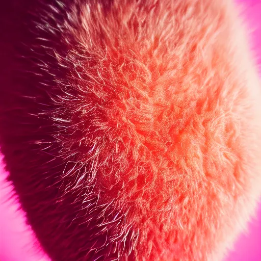 Prompt: a macro photo of a peach's hairy skin in shape of female bum, hyper realistic, hyper detailed, 35mm, very grainy film, pink volumetric studio lighting, bokeh, black background award winning shot, vogue magazine, cinematic, 8k, very closeup, elegant, tender, pastel