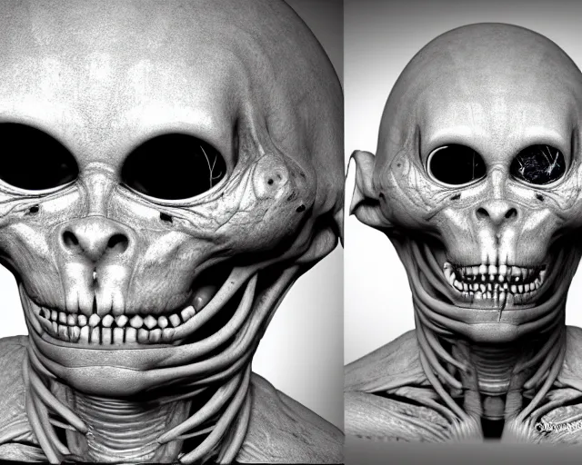 Image similar to autopsy photos of a humanoid gray alien with large black eyes and reptilian facial features inside area 51, secret service photos, taken on Fujifilm X-S10, EF70-200mm f/4L IS USM