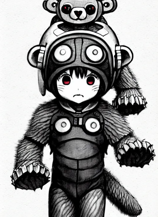 Image similar to beautiful little boy wearing an cyborg bear suit, artwork in kentaro miura and made in abyss and rosdraws, smooth, beautiful lightness, anatomically correct, trending on pixiv, forest