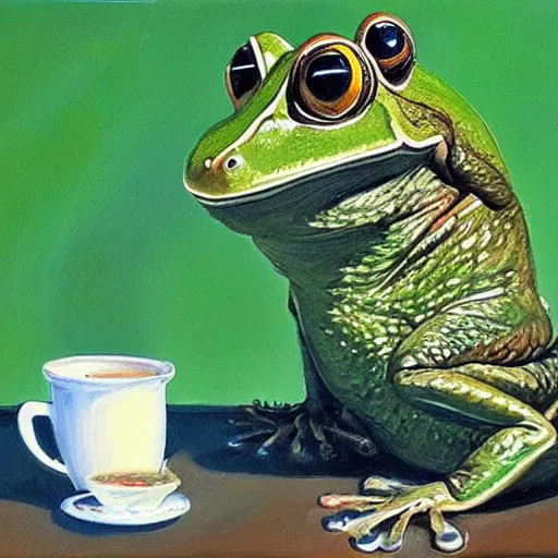 Prompt: mr 🐸 drinking ☕ by james gurney