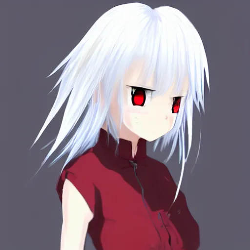 Image similar to white hair, red eyes, two small horn on the head, anime style, anime girl