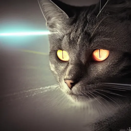 Image similar to cat android shooting laser from eyes, digital art, epic perspective, cinematic