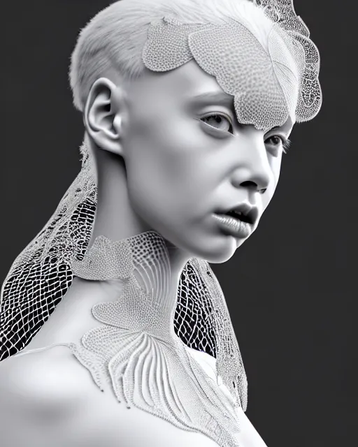 Prompt: bw 3 d render, stunning beautiful little girl angelic cute biomechanical albino female cyborg with a porcelain profile face, rim light, big leaves and stems, roots, fine foliage lace, alexander mcqueen, art nouveau fashion embroidered collar, steampunk, silver filigree details, hexagonal mesh wire, mandelbrot fractal, elegant, artstation trending