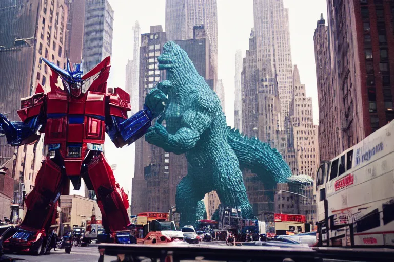 Image similar to optimus prime fighting godzilla in new york city, cinestill,