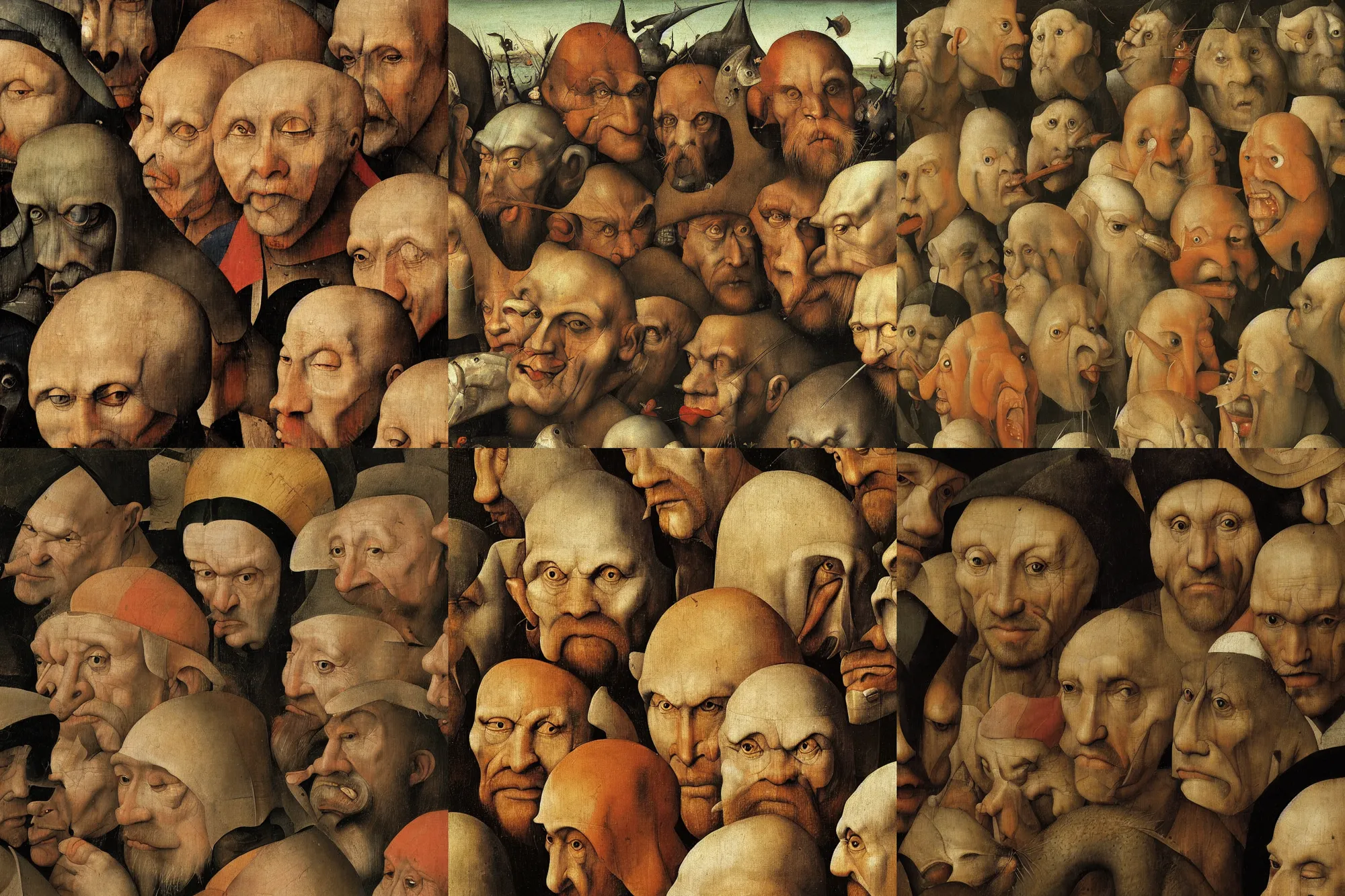 Prompt: The close portrait of half-fish men by Hieronymus Bosch and Pieter Bruegel, hyper realistic oil painting, 4k, masterpiece