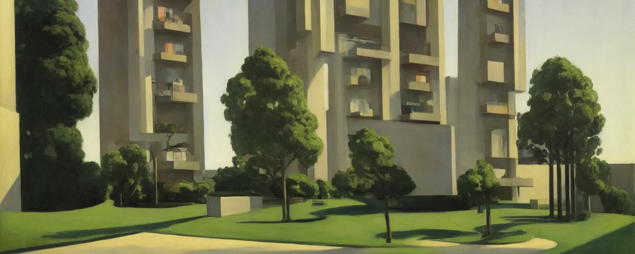 Prompt: futuristic brutalist apartments with trees and plants, edward hopper