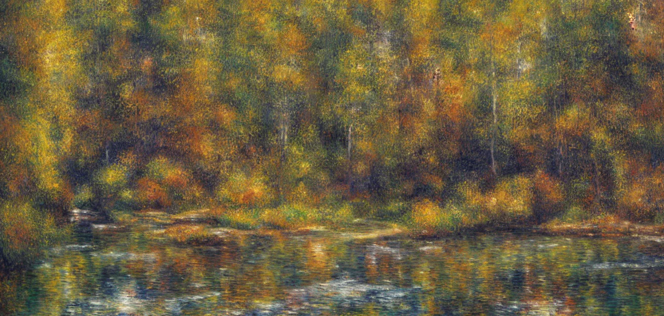 Image similar to a painting of sparse stone cottages underneath a dense forest, with a cascading river and pristine reflect. gorgeous, elegant, sophisticated, an ultrafine painting, intricate brused strokes, bright depth oil colors, by renoir and araken alcantara, mist diffuse promiseful illumination, autumn sunrise warm light, detailed and intricate environment of hopeful bodyscapes