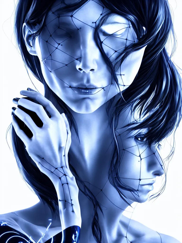 Image similar to x - rays and bioscans, new ai race, inspired by æon flux, hideo kojima, mobius, and botticelli, pre - raphaelite, shoujo manga, ferrofluid, quantum magic, haunting, ultrafine inklines, 4 k photorealistic, full shot,