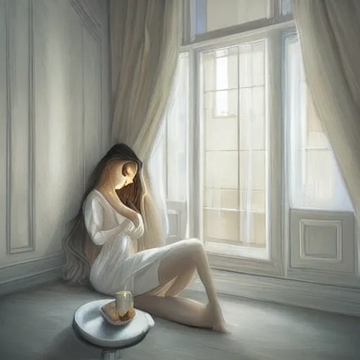 Image similar to cream - colored room, vanilla - colored lighting, marble room, marble slabs, window to night time, night time, warm lighting inside, art by artgerm