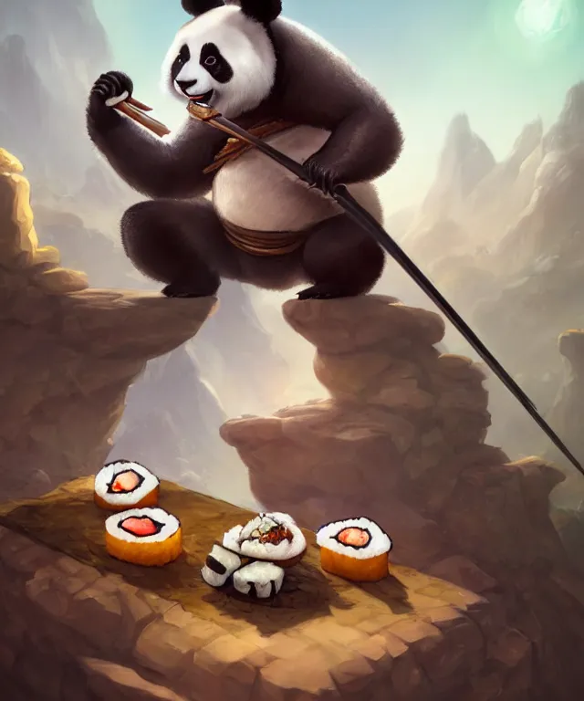 Image similar to a portrait an anthropomorphic panda samurai eating sushi, landscape in background, cute and adorable, dnd character art portrait, well rendered matte fantasy painting, deviantart artstation, by jason felix by steve argyle by tyler jacobson by peter mohrbacher, cinematic lighting