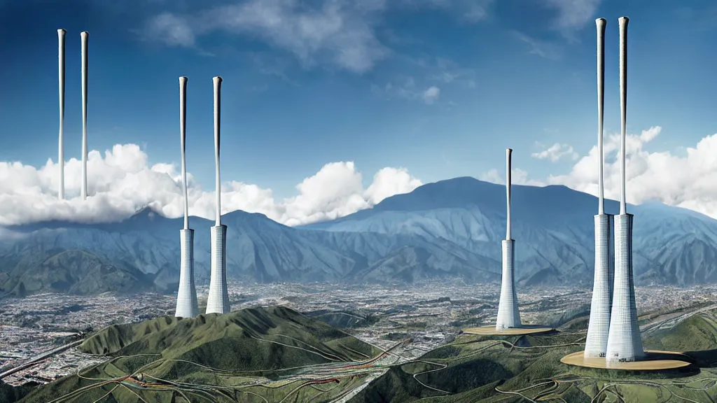 Prompt: Epic Nuclear power towers gracefully over the mountain valley of Quito, Ecuador; by Oswaldo Moncayo and Vincent Callebaut; Art Direction by James Cameron;