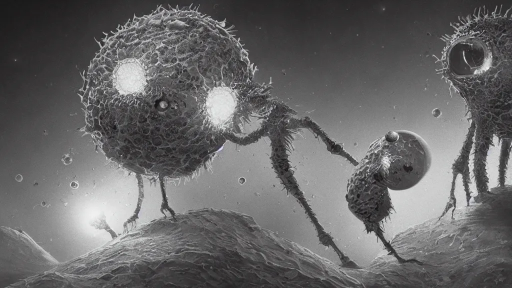 Image similar to a beautiful microscopic scientific photo of a coronavirus and a strange life form seen through an electron microscope, dark, sinister, detailed, art by Greg Rutkowski