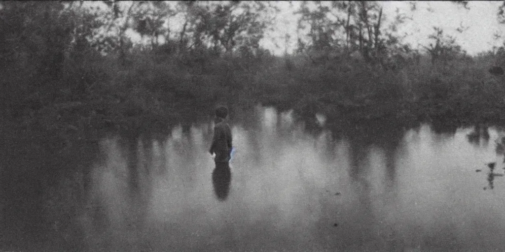 Image similar to A boy walking alongside a channel of water in a dense swamp, photograph taken in 1890, grainy, film grain