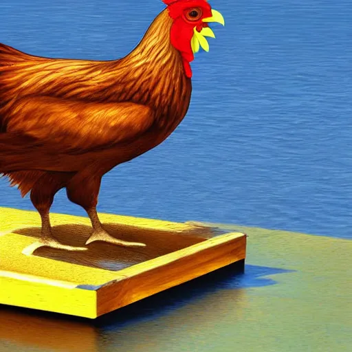 Prompt: digital art of a chicken on a raft, realistic, stylized, artstation