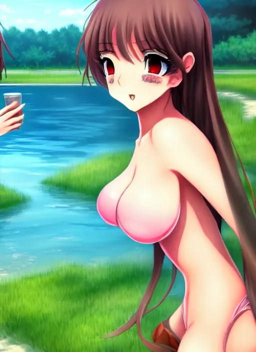 Image similar to two beautiful women out by the lake on a humid summer day, gorgeous faces, thick lines, cinematic lighting, detailed anime art