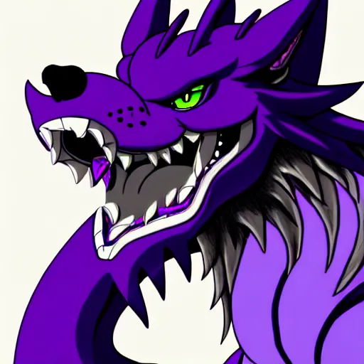 Image similar to giant anthropomorphic muscular purple wolf dragon, generic furry style, wearing jeans, deviantart, professional furry drawing, insanely detailed, artistic design, wolf - like face, doing a pose from jojo's bizarre adventure, detailed muscles, exaggerated features, beautiful shading, studio lighting