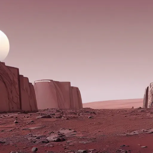 Image similar to a streetscape on mars in the future with many structures, realism