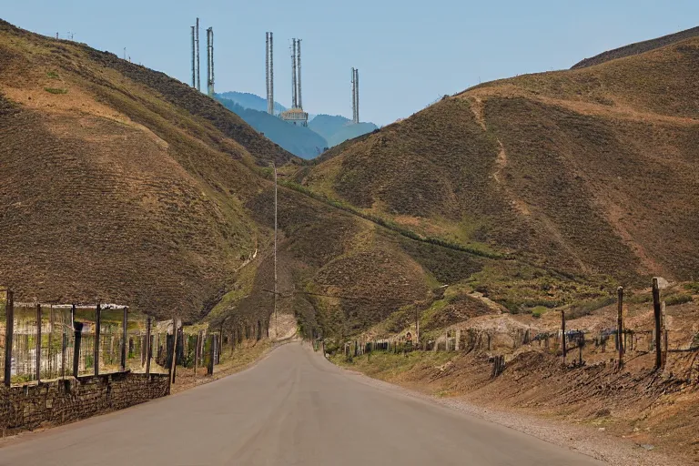 Image similar to looking down road of warehouses. hills background with radio tower on top. telephoto lens compression.